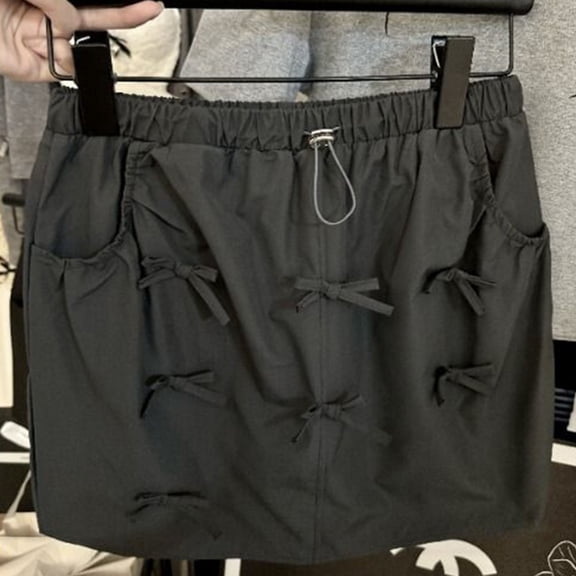 BUYISI Fashion Drawstring Mini Skirt Bowknot Elastic Pockets Women Summer Tooling Black L