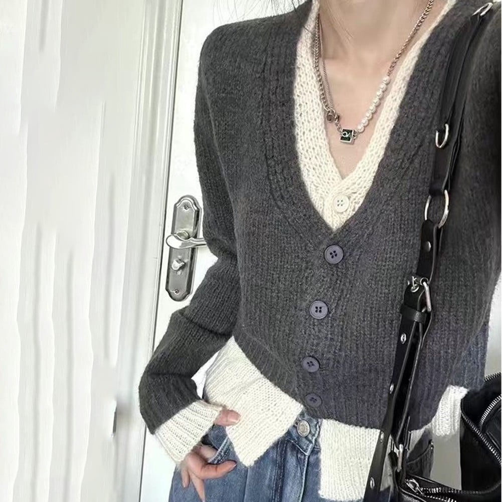 Fake Two-pieces Patchwork Shawl Sweater