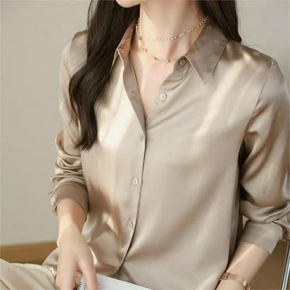 BUYISI For French Style Long Sleeve Satin Shirt Women Formal Shirt Elegant Loose Fit Champagne gold L