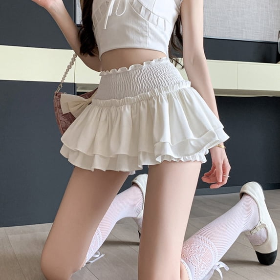 BUYISI Girls Fluffy Short Skirt Elastic High Waist Built In Shorts Double Layer Ruffle White S