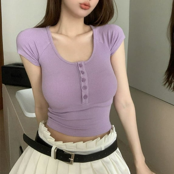 BUYISI High Waist Solid Color Short Womens Summer New Ribbed Slim T-Shirt Hot Girl Purple