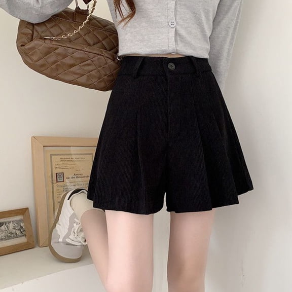BUYISI Hot Girl Style High Waist Outer Wear Slim Corduroy Pleated Casual Shorts Black 3XL