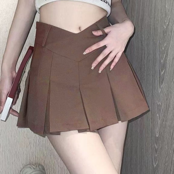 BUYISI Hot Girl Style Slim High Waist Anti-exposure A-line Pleated Skirt With Lining Brown 2XL