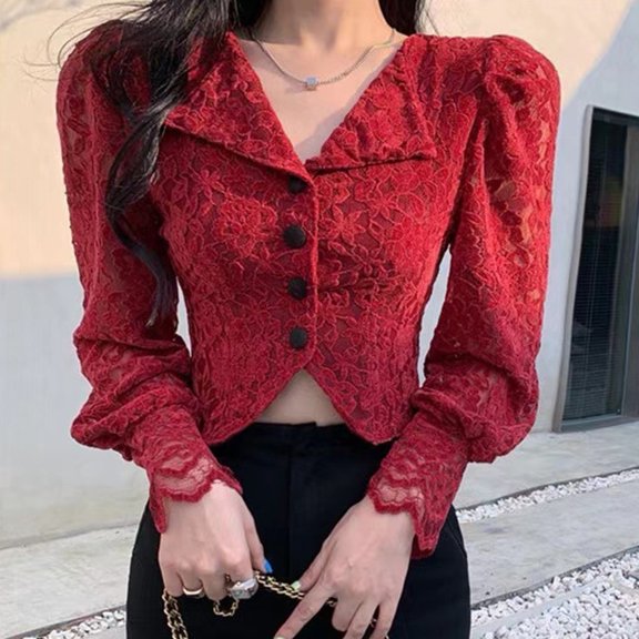 BUYISI Hot Girl Style V-Neck Hollow Lace Waisted Short Cardigan Red S