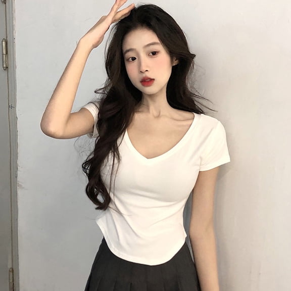 BUYISI Hot Girls Women Shirt Comfortable Fabric Slim Tshirt Clothing V Neck Crop Top White XXL