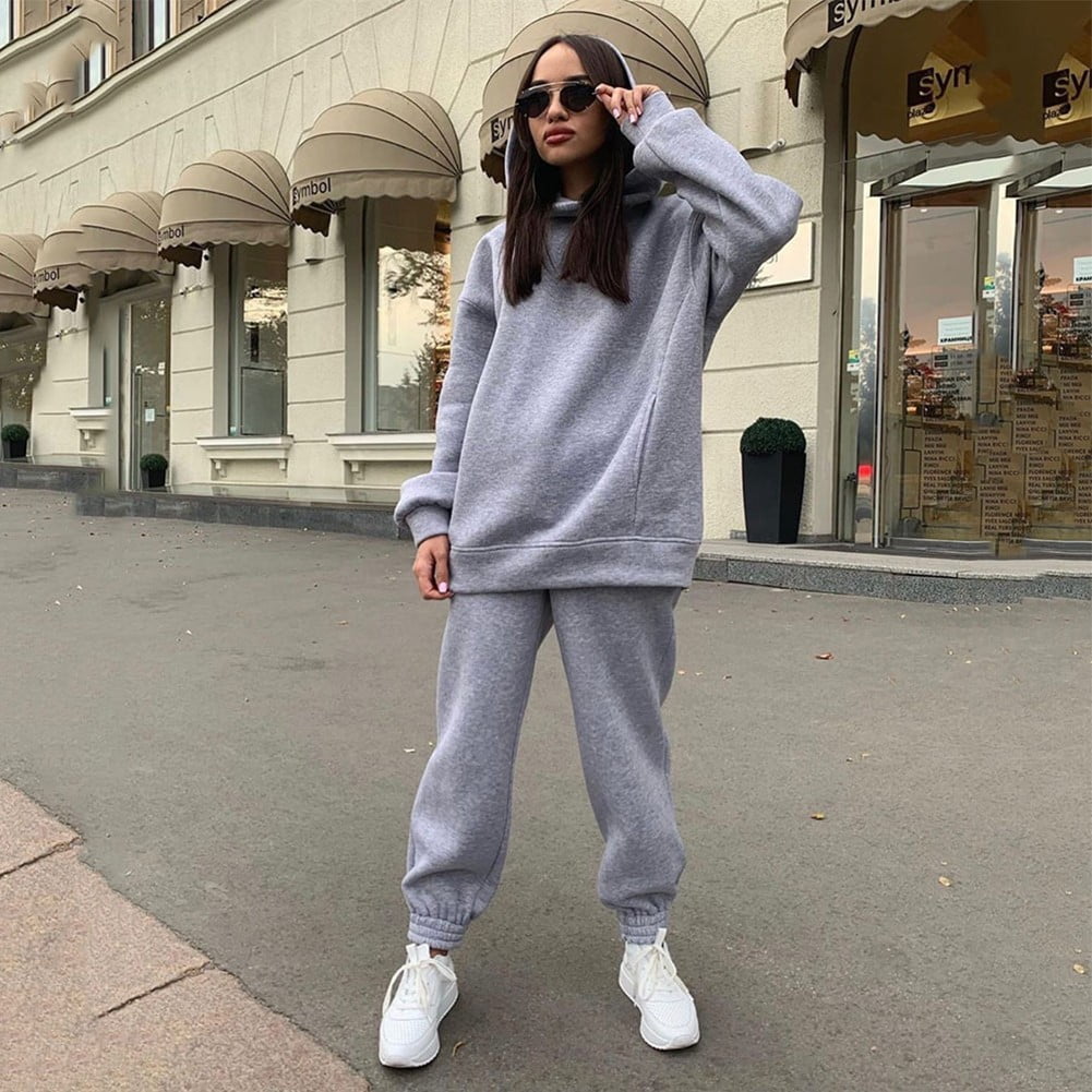 BUYISI Ladies Long Sleeve Plain Two Piece Hoodie Tracksuit Over