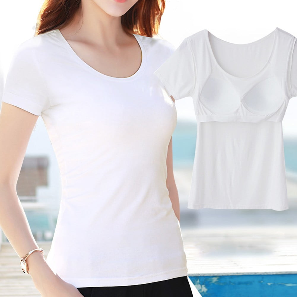 BUYISI Ladies Short Sleeve Tops With Built in Bra Women Push Up Padded  Layer T shirt White L