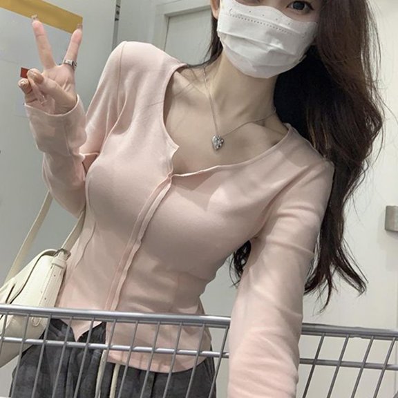 BUYISI Long Sleeve Shirt Cropped Style Women Autumn Wintern Bottoming Shirt Slim Fit Pink L
