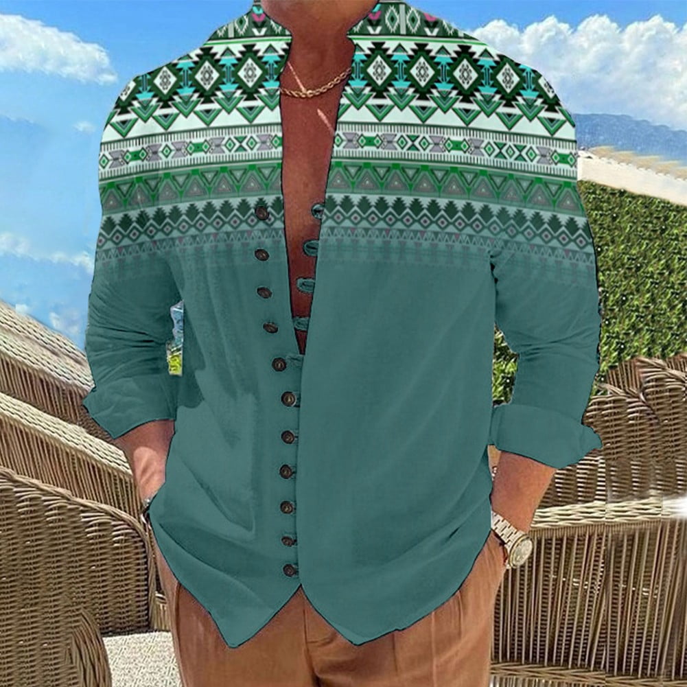 BUYISI Men Casual Print Loose Long Sleeve Button Down Shirt Tops Blouse