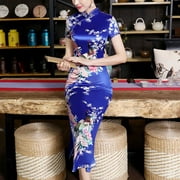BUYISI New Charming Chinese Women'S Dress Long Cheongsam Evening Qipao Dress, M Blue