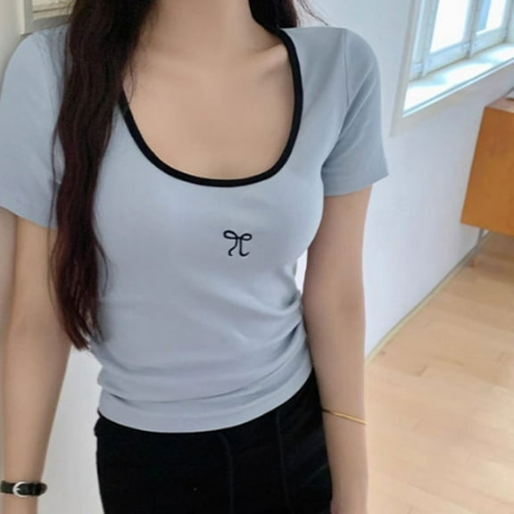 BUYISI Pure Desire Hot Girl Short Sleeve T-Shirt Female Summer Bow Waist Routine Daily Blue L