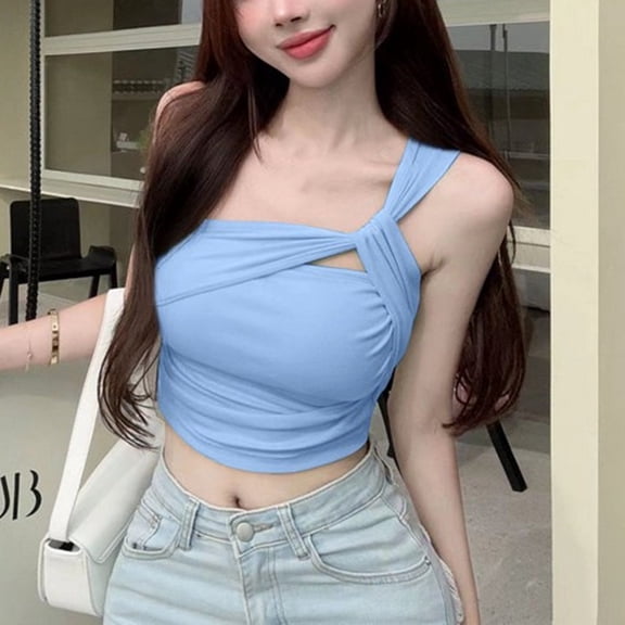 BUYISI Pure Sweet Hot Girl One-shoulder Oblique Collar Hollow Camisole Blue M