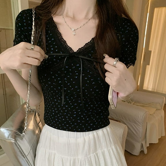 BUYISI Retro Gyaru Womens Black Floral Lace Short sleeves T-shirt Butterfly knot top Black XL