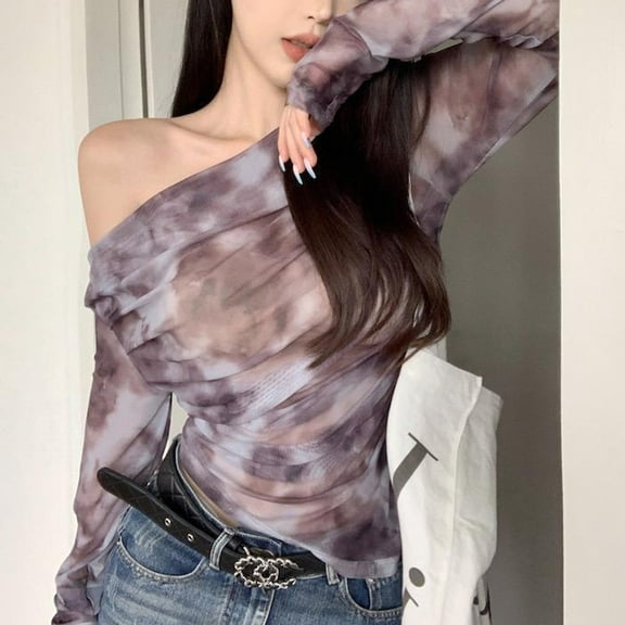 BUYISI Retro Short Slim Fit Versatile One Shoulder Tie-dyed Mesh Long-sleeved T-shirt Purple S