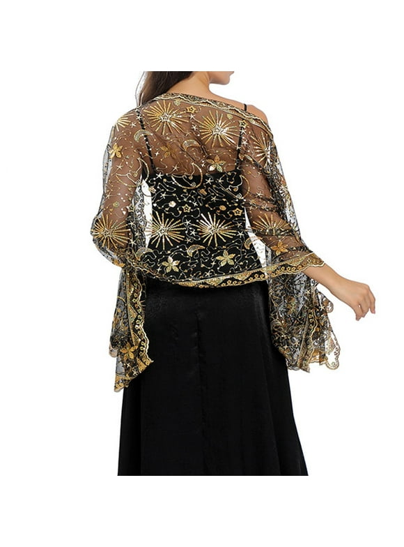BUYISI Sequin Glitter Beaded Shawl Scarf Wrap Formal Evening Party Prom Wedding, Black gold