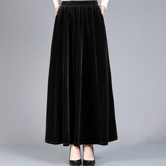 BUYISI Skirt For Women Casual Skirt A-line Skirt Casual Outings Black Versatile Long Velvet Skirt A-line Skirt Daily Wear Black M