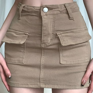 BUYISI Skirt Women Summer High Waist Slimming Pocket A-Line Short Skirt Hip Cover Skirt Khaki S