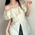 thumbnail image 1 of BUYISI Slim Fit Ruffled Off-shoulder Shirt Almonds L, 1 of 3