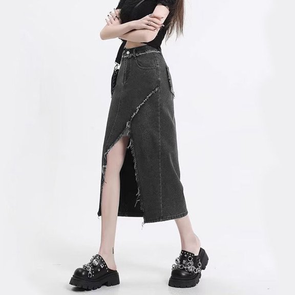 BUYISI Sweet And Cool Hot Girl Style Split Raw Edge High Waist A-line Hip Skirt Dark Gray S