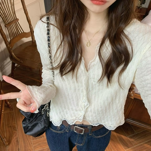 BUYISI Sweet Hot Girl Style V-Neck Lace Stitching Slim Short Long Sleeve Cardigan Shirt White L