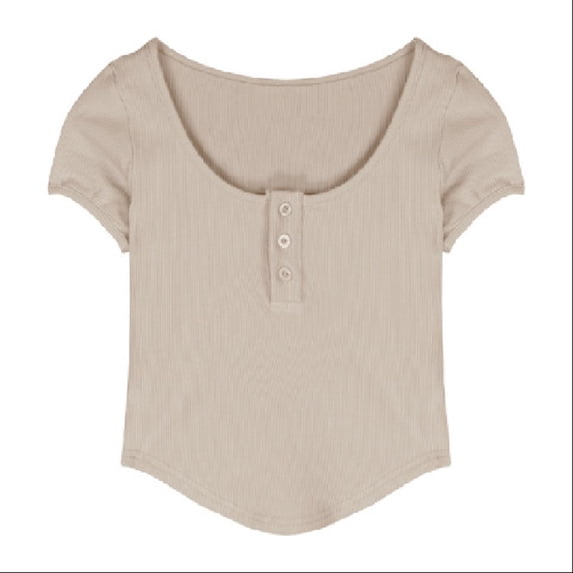 BUYISI T Shirts Slit Fabric Crop Tops Korean Shirts Decorated With Buttons Square Neck Light coffee L