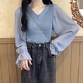 thumbnail image 1 of BUYISI V Neck Splicing Sweet Knitted Women'S Casual Long Sleeved Solid Slim Shirt Blue, 1 of 1