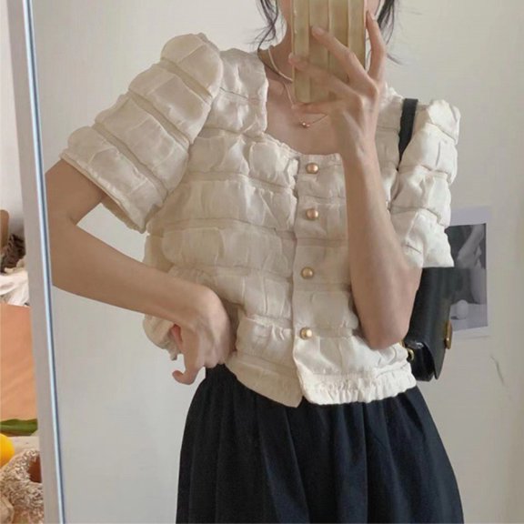 BUYISI Versatile Casual Bubble Plaid Metal Button Square Collar Short-sleeved Cardigan Almond S