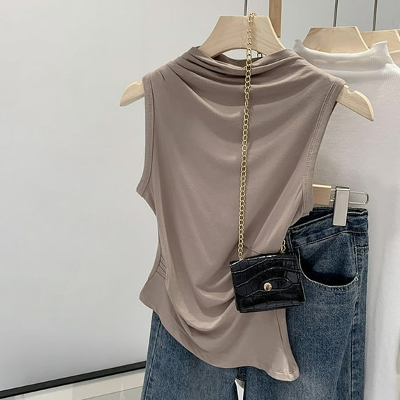 BUYISI Vintage Gyaru Womens Pleated Sleeveless Tank top Mock neck Slim fit Base t-shirt Grey XL