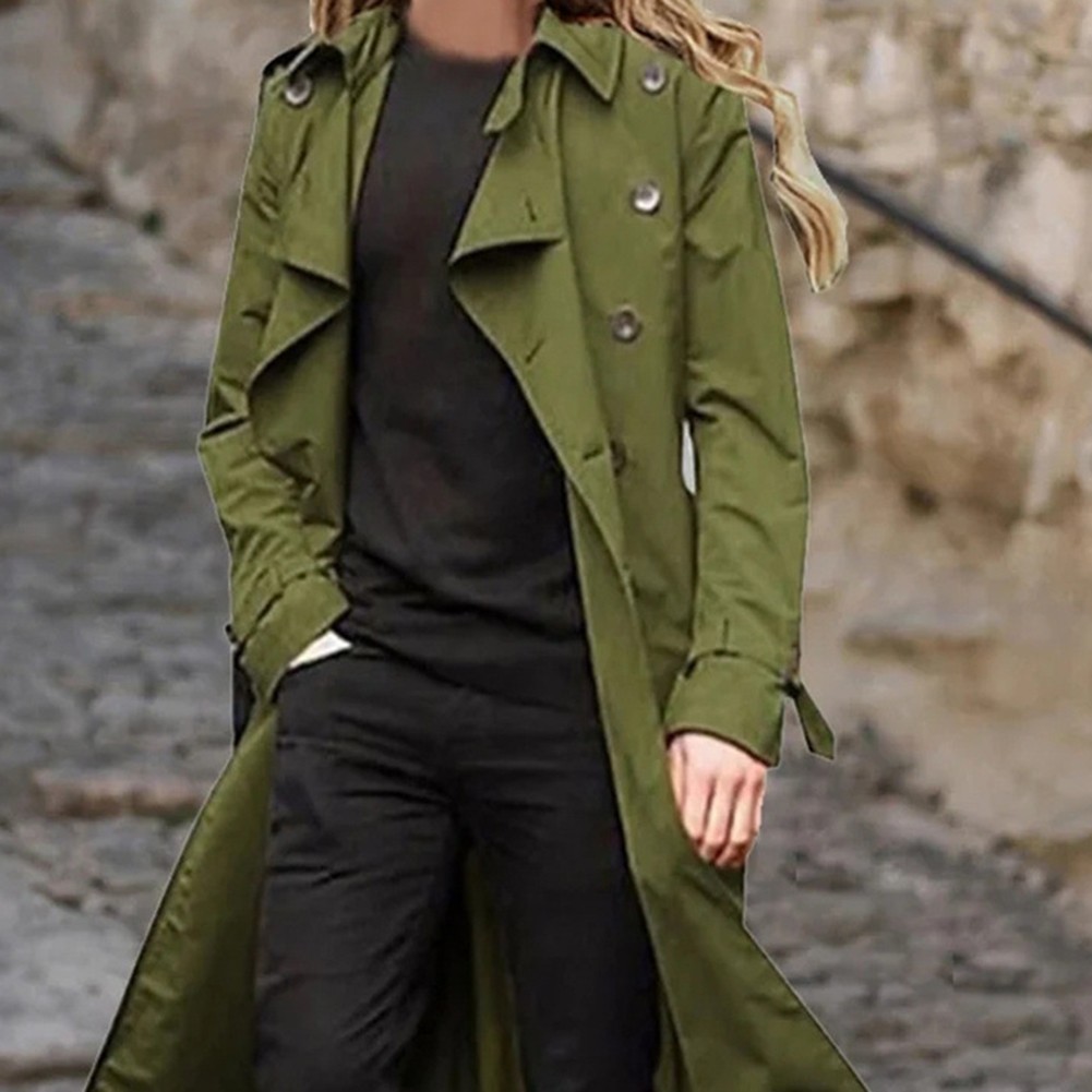 BUYISI Vintage Solid Overcoat Long Trench Coat Women Double Breast 