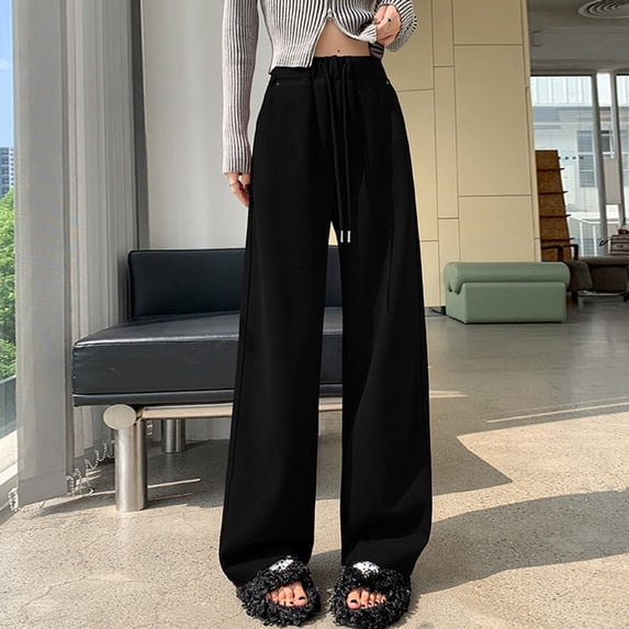 BUYISI Wide-leg pants,women,new style,high waist with rivets,drape,straight and casual black L