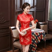 BUYISI Women Chinese Traditional Cheongsam Slim Satin Dress Prom Qipao Party High Slit Red M