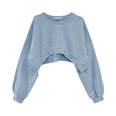 BUYISI Women Long Sleeve Cropped Crop Top Hoodies Sweatshirt Causal Loose Pullover Tops Blue M