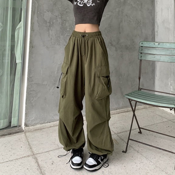 BUYISI Women S Hip Hop Overalls For Street Fashion High Waist Solid Color Trousers Dark Green L