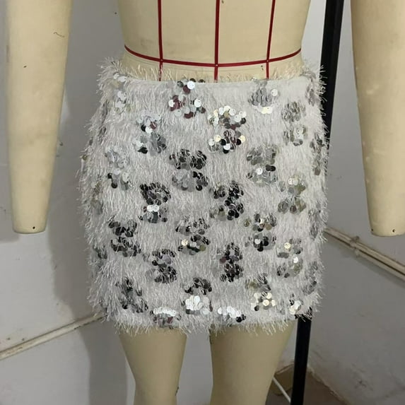 BUYISI Women Sparkle Sequin Short Skirt Glitter Mini Skirt Dance Club Festival Costume Plush silver M