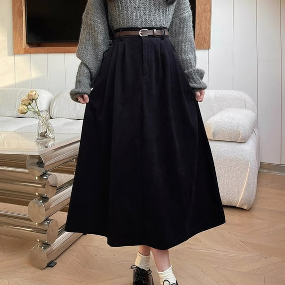 BUYISI Womens Corduroy Skirt New High waist Vintage A-line maxi skirt Black L