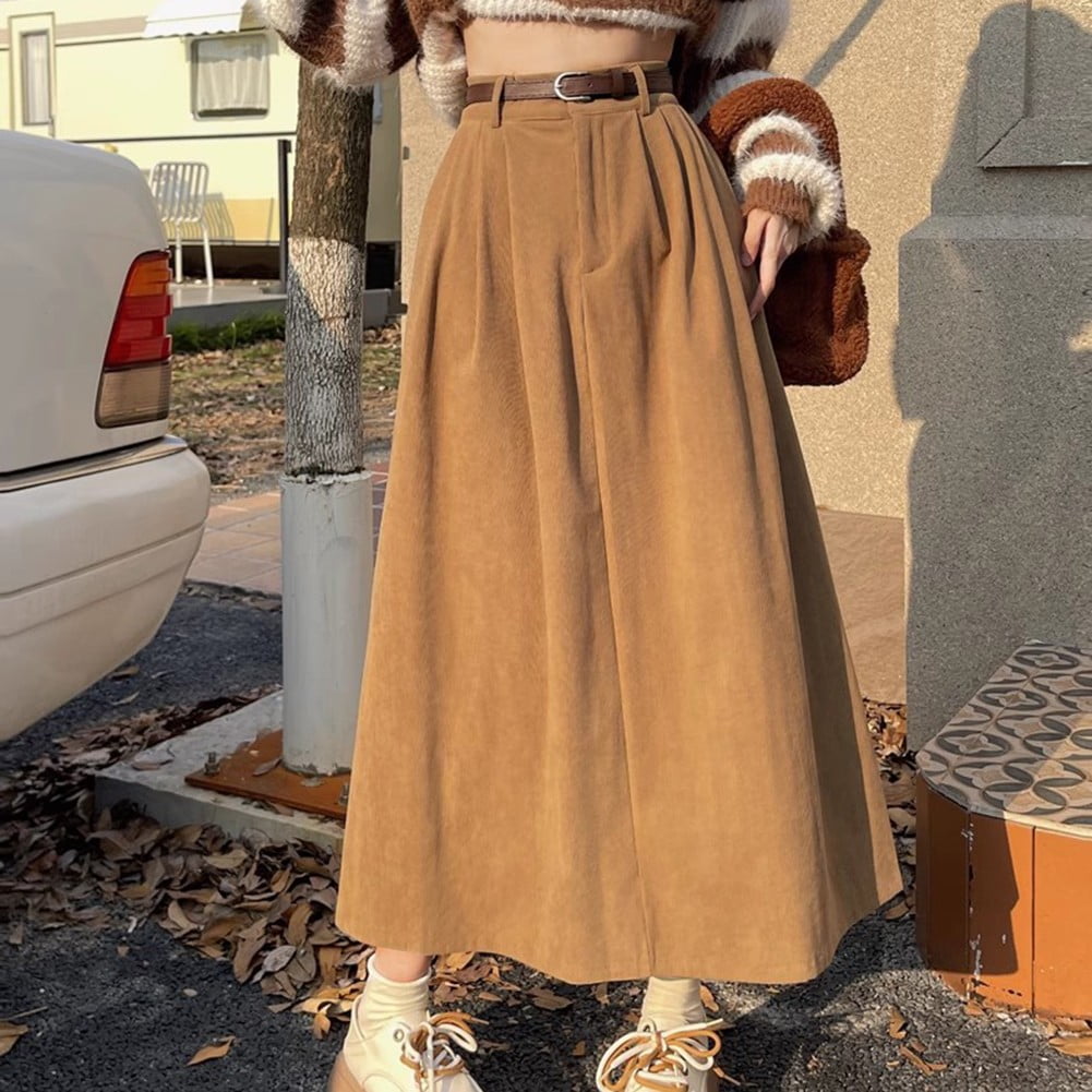 High-Waisted Khaki A-Line Corduroy Skirt