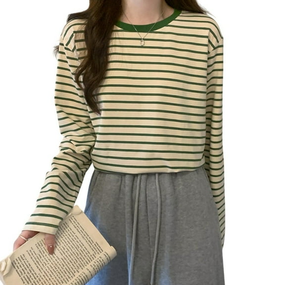 BUYISI Womens Crew neck Long sleeves Stripes T-shirt Loose Casual All-match top Green M