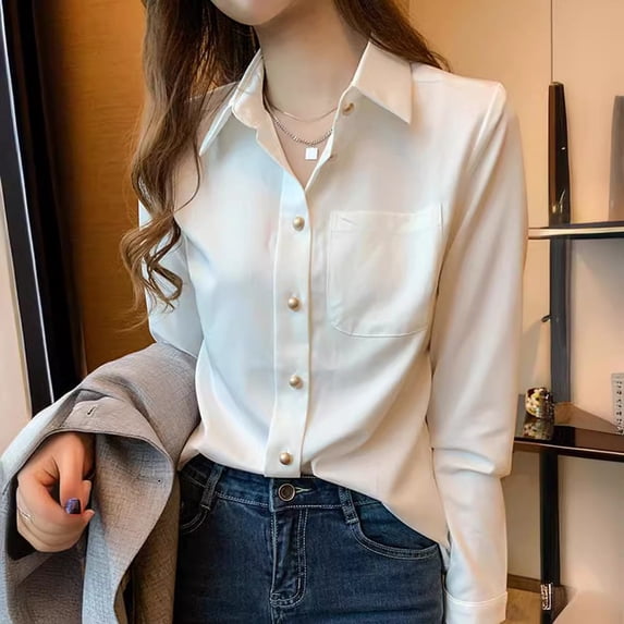 BUYISI Womens Elegant Pure White Fashion Long Sleeve V Neck Pullover White L