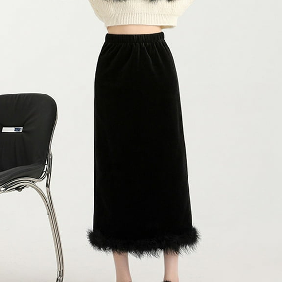 BUYISI Womens Fashion Feather Splicing Velvet Skirt Elegant Slit High Waist Slim Skirt Black S