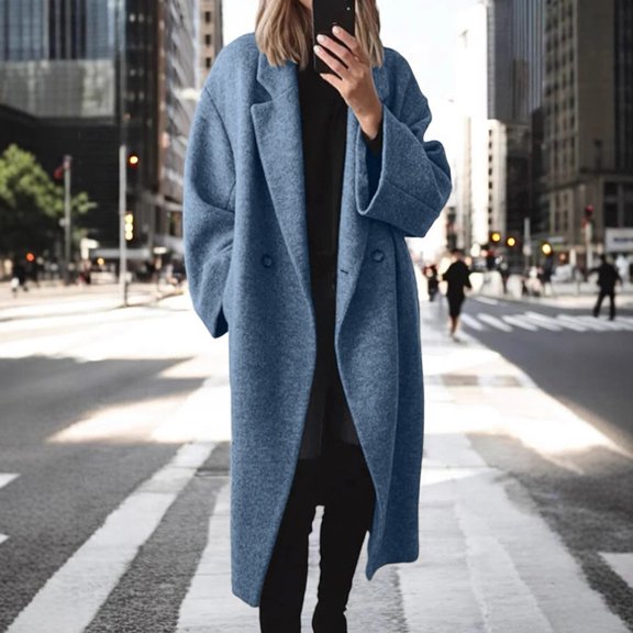 BUYISI Womens New Autumn winter Woolen coat Fashion Versatile Long trench coat Blue XXXL