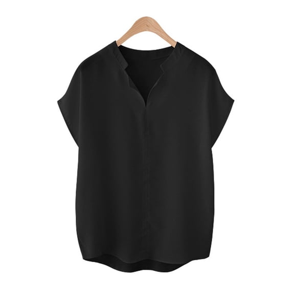 BUYISI Womens New Short-sleeved Chiffon Shirt Stylish Loose V-neck top Black L