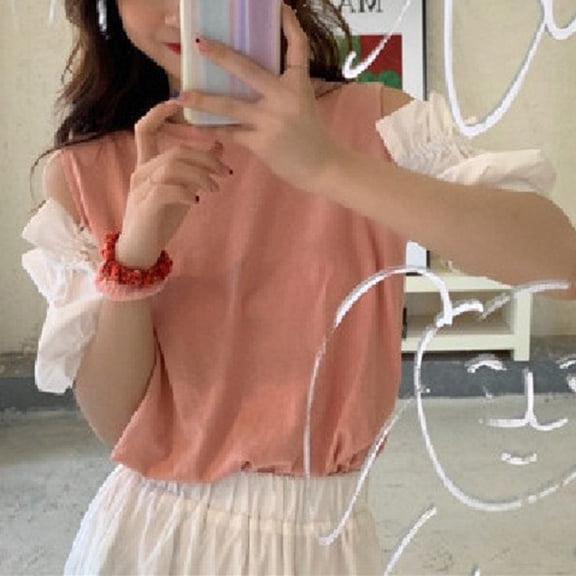 BUYISI Womens Off Shoulder Short Sleeved T Shirt Summer Loose Design White Top Pink