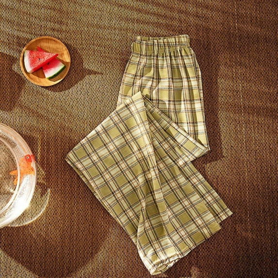 BUYISI Womens Plaid Pants High Waist Drape Loose Straight Leg Slim Wide Leg Pants Light Green