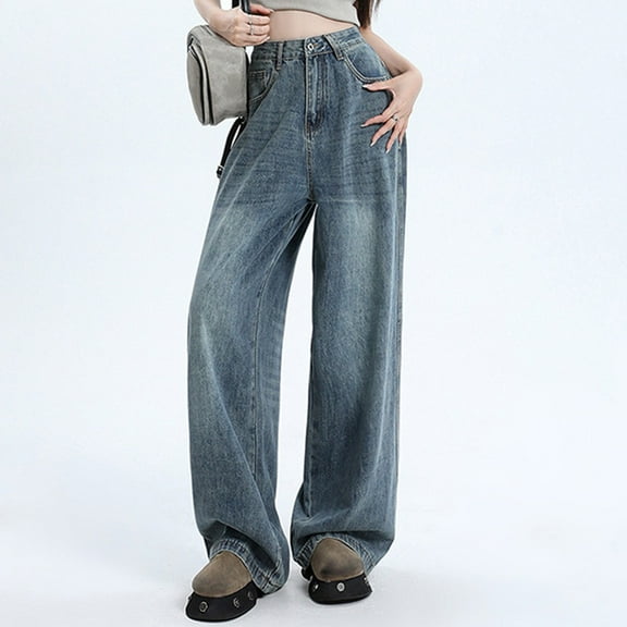 BUYISI Womens Retro Loose Wide Leg Summer New High Waist Straight Drape Mopping Pants Blue XL