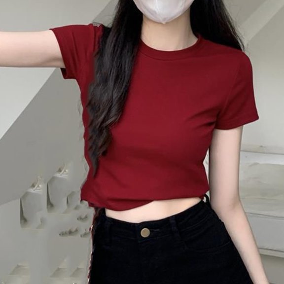 BUYISI Womens Solid Color Basic Short Sleeved T-Shirt Casual Summer O Neck Versatile Red XL