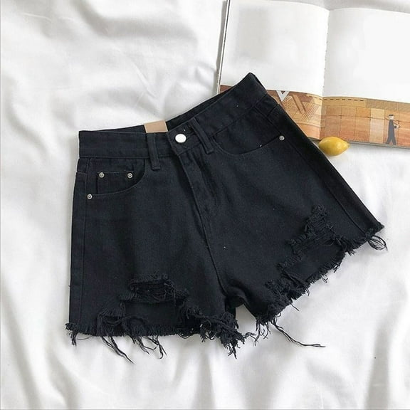 BUYISI Womens Summer Shorts High Waist Ripped Pants Pocket Tassel Y2K Hot Pants Black M