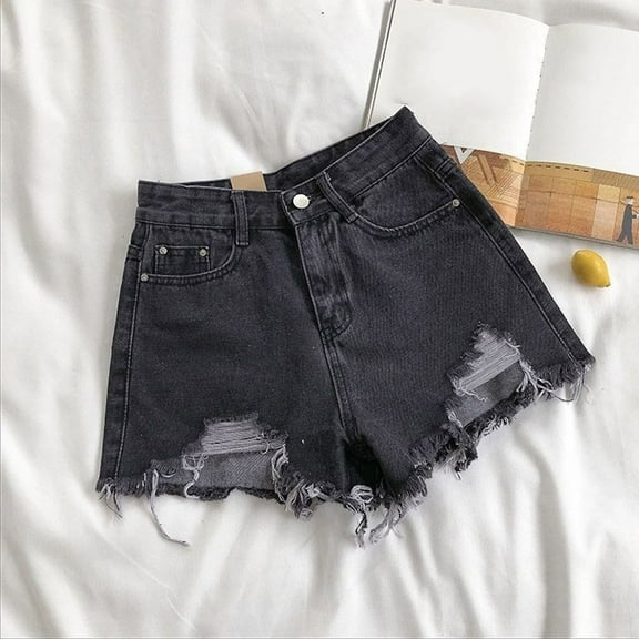 BUYISI Womens Summer Shorts High Waist Ripped Pants Pocket Tassel Y2K Hot Pants Dark Grey S