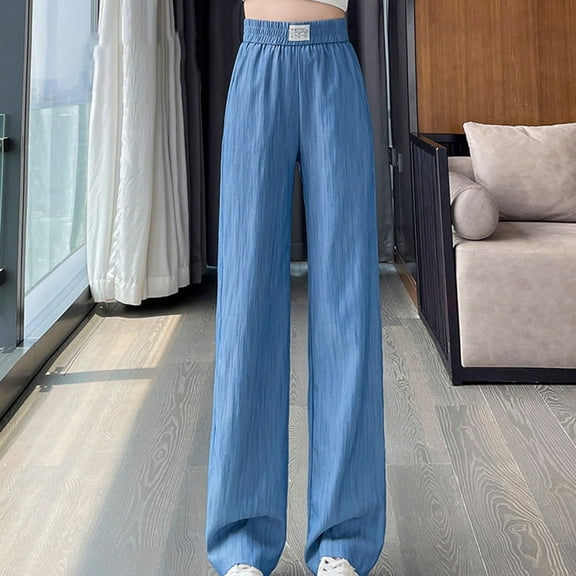 BUYISI Womens Thin Jeans Elastic Waist Pockets Casual Straight Wide Leg Pants Blue M