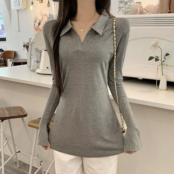 BUYISI Womens Vintage Long Sleeve Neck Top 2000S Aesthetic T Shirt Simple Y2K Gray M