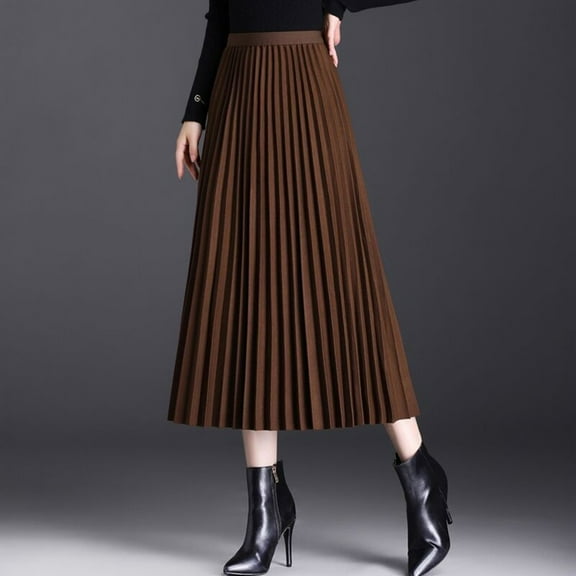 BUYISI Womens Woolen Pleated skirt High waist A-line skirt Fashion Loose Skirt Coffee 2XL